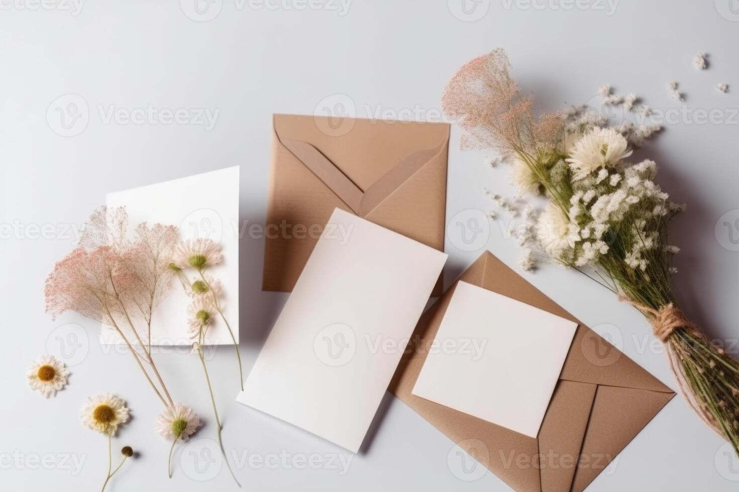 Top View of Blank White Invitation card with Envelope, Wild Flowers on Background. Mock up template for Design or product placement created using . photo