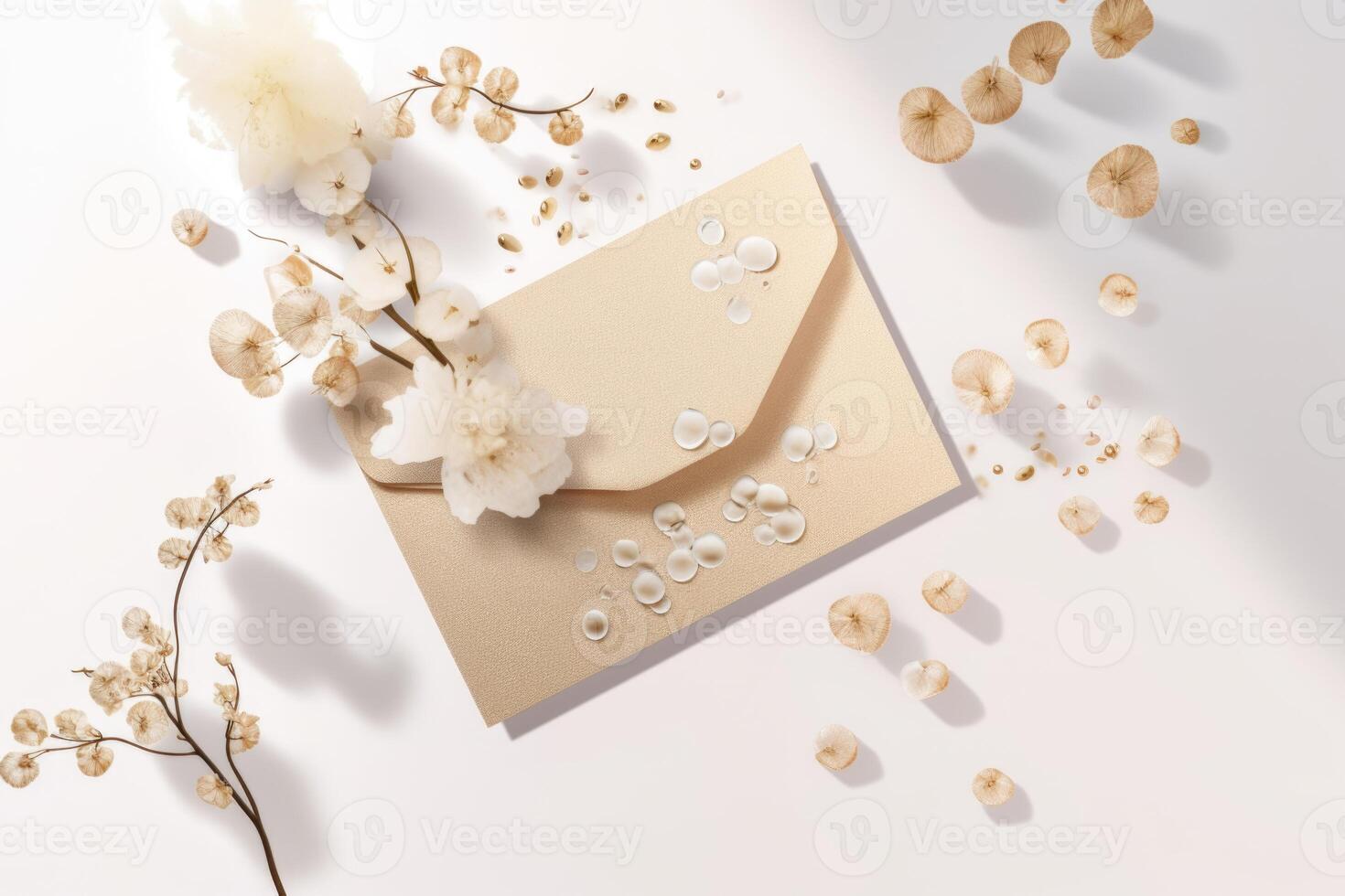 Top View of Luxury Wedding Invitation card with Tiny Flowers. Mock up template for Design or product placement created using . photo