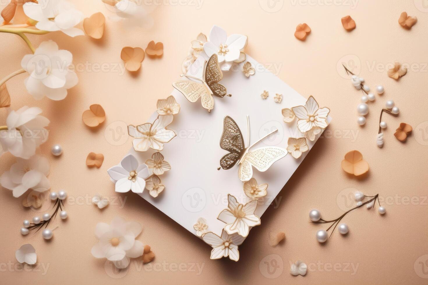 Top View of Shiny Golden Invitation Card Envelope, Wild Flowers on Background. Illustration. photo