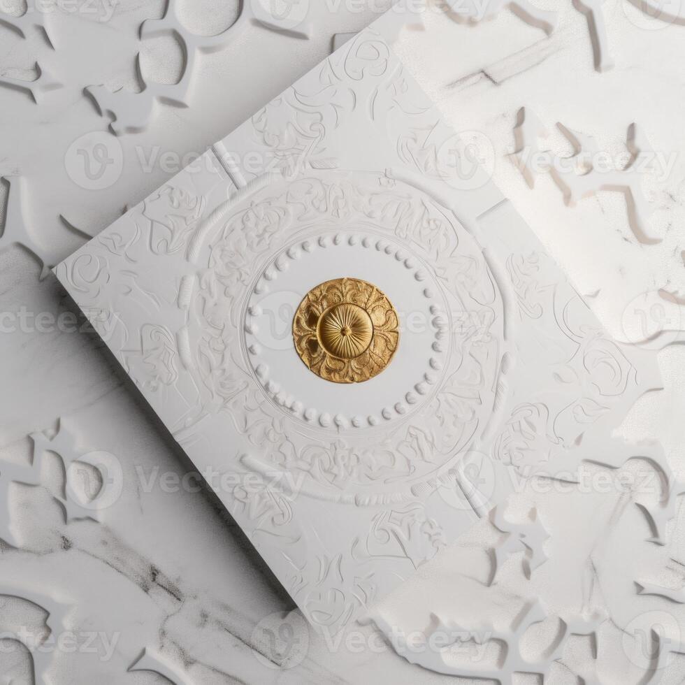 Top View of White and Golden Luxury Wedding Invitation Card Box, Mock up Template for Design or product placement created using . photo