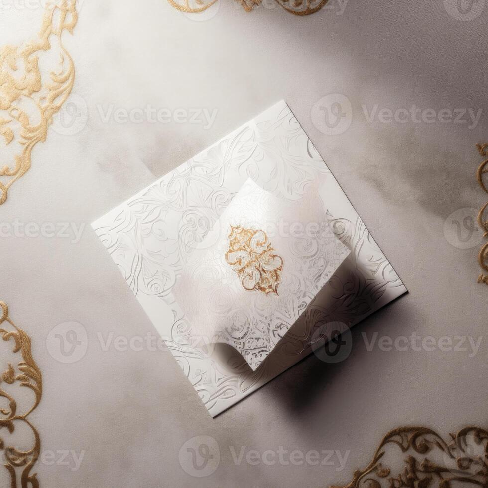 Top View of Beige Luxury Wedding Invitation Card, Mock up Template for Design or product placement created using . photo