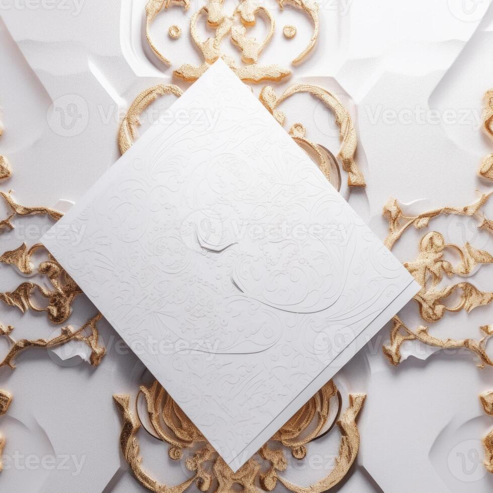 Top View of White Luxury Invitation Card on Golden Floral and Pearls Background. Mock up Template for Design or product placement created using . photo