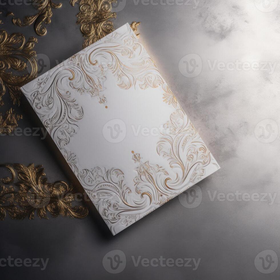 Top View of Grey and Golden Luxury Wedding Invitation Card, Mock up Template for Design or product placement created using . photo