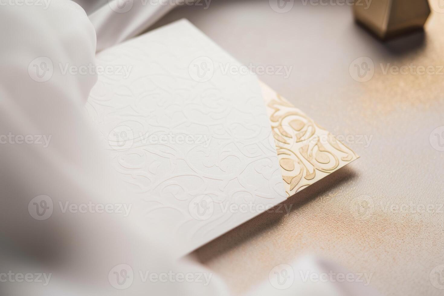 parte superior ver de blanco y dorado lujo Boda invitación tarjeta en seda fondo, burlarse de arriba modelo para diseño o producto colocación creado utilizando generativo ai. foto