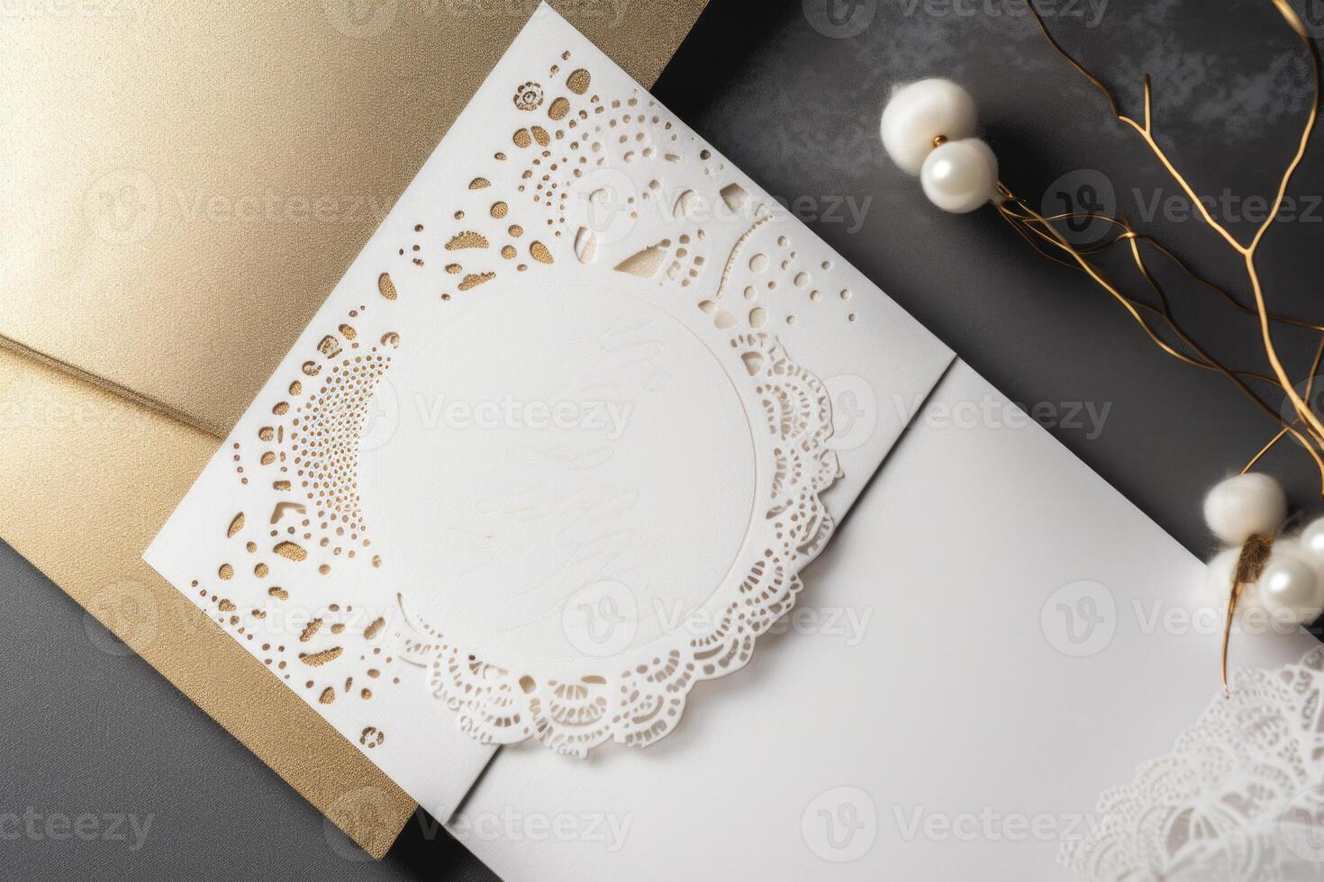 Top View of Three Color Luxury Wedding Invitation Card, Mock up Template for Design or product placement created using . photo
