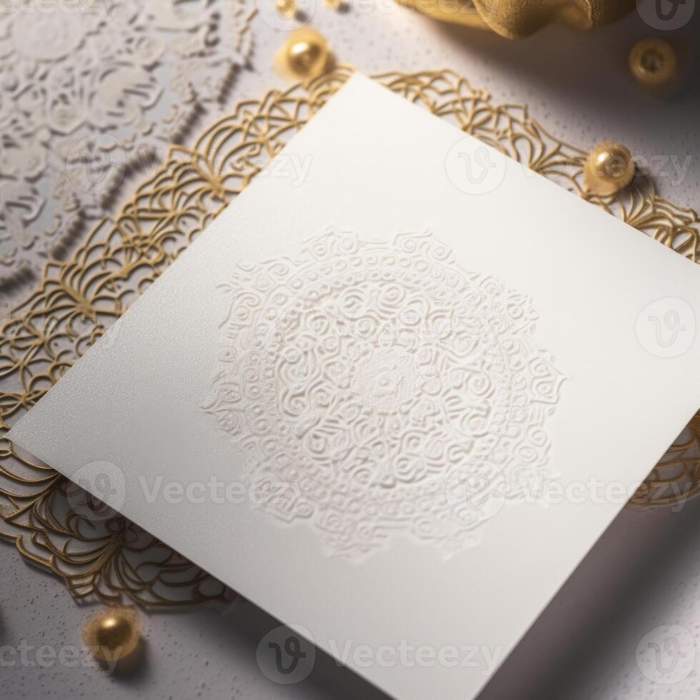Top View of White Luxury Invitation Card on Golden Floral and Pearls Background. Mock up Template for Design or product placement created using . photo