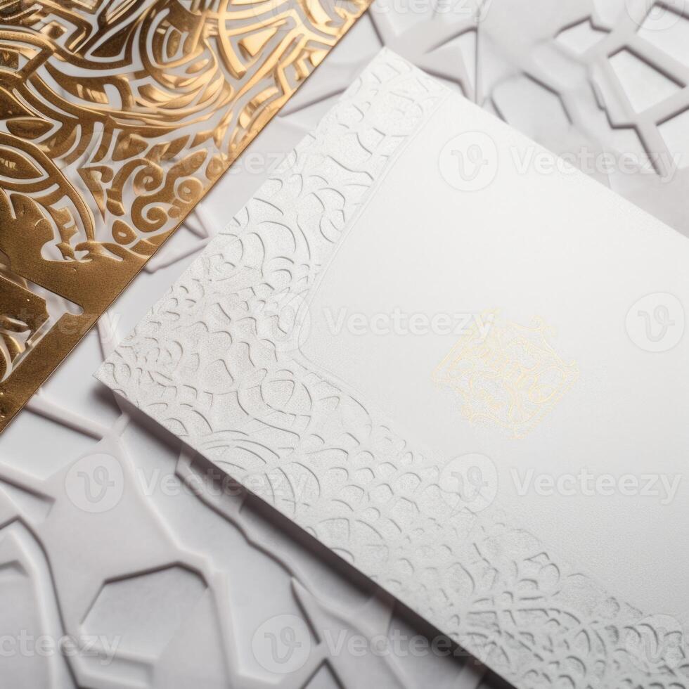 parte superior ver de blanco y dorado lujo Boda invitación tarjeta. burlarse de arriba modelo para diseño o producto colocación creado utilizando generativo ai. foto