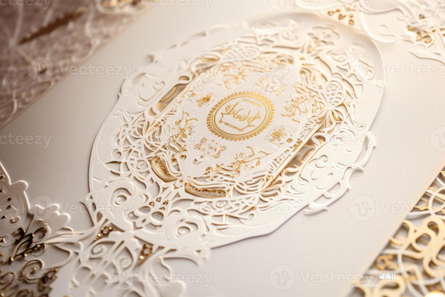 Top View of White and Golden Luxury Invitation Card, Mock up Template for Design or product placement created using . photo