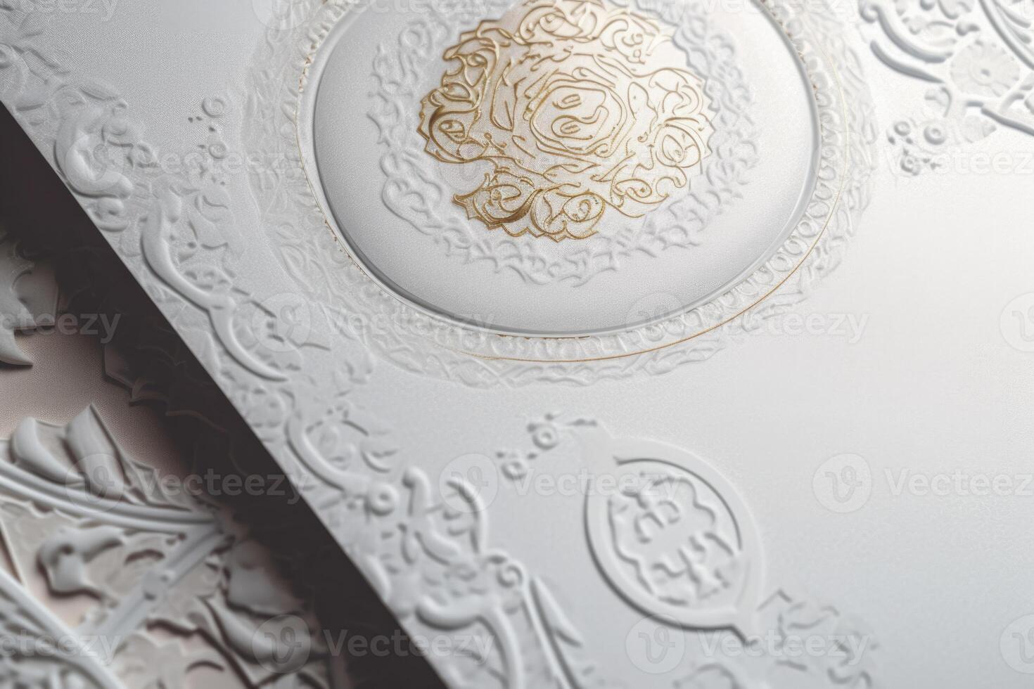 Top View of White and Golden Luxury Invitation Card, Mock up Template for Design or product placement created using . photo