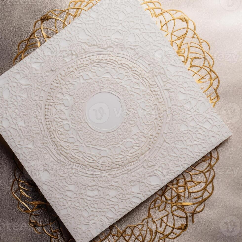 Top View of White Luxury Invitation Card with Golds on Background, Mock up Template for Design or product placement created using . photo