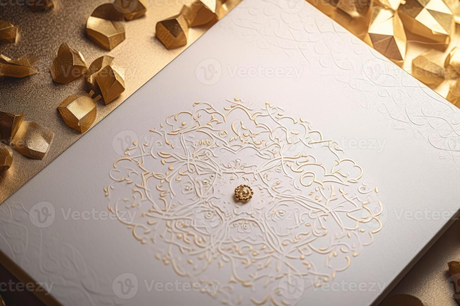 Top View of Luxury Wedding Invitation Card Box on Golds Background. Mock up Template for Design or product placement created using . photo