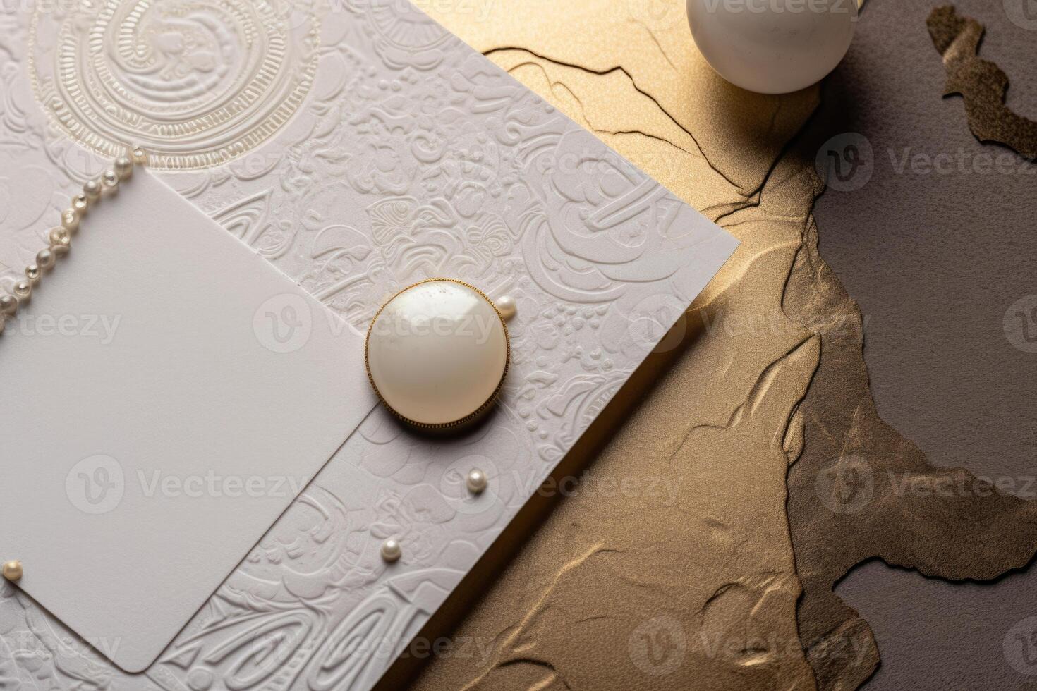 Top View of White Luxury Wedding Invitation Card, Pearls on Goldden Background. Mock up Template for Design or product placement created using . photo