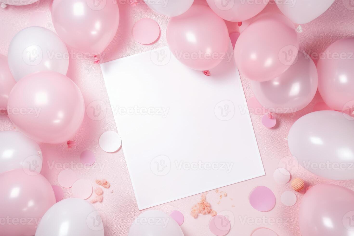 Pastle pink balloons and white paper on background. Empty space for birthday, party, promotion social media banners, posters. 3d render realistic balloons. photo