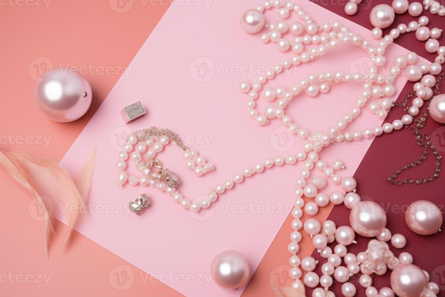 Pastle pink pearls and paper. Empty space for birthday, party, promotion social media banners, posters. 3d render illustration. photo