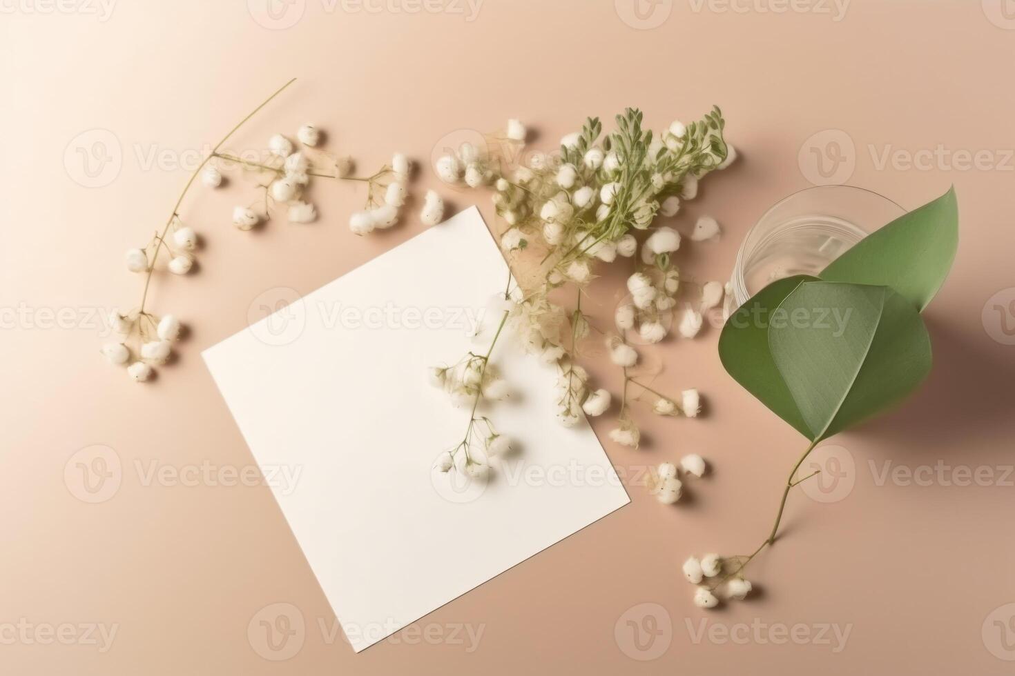 Top View of Luxury Shiny Beige Wedding Card, Box Mockup on Gey Background. Illustration. photo