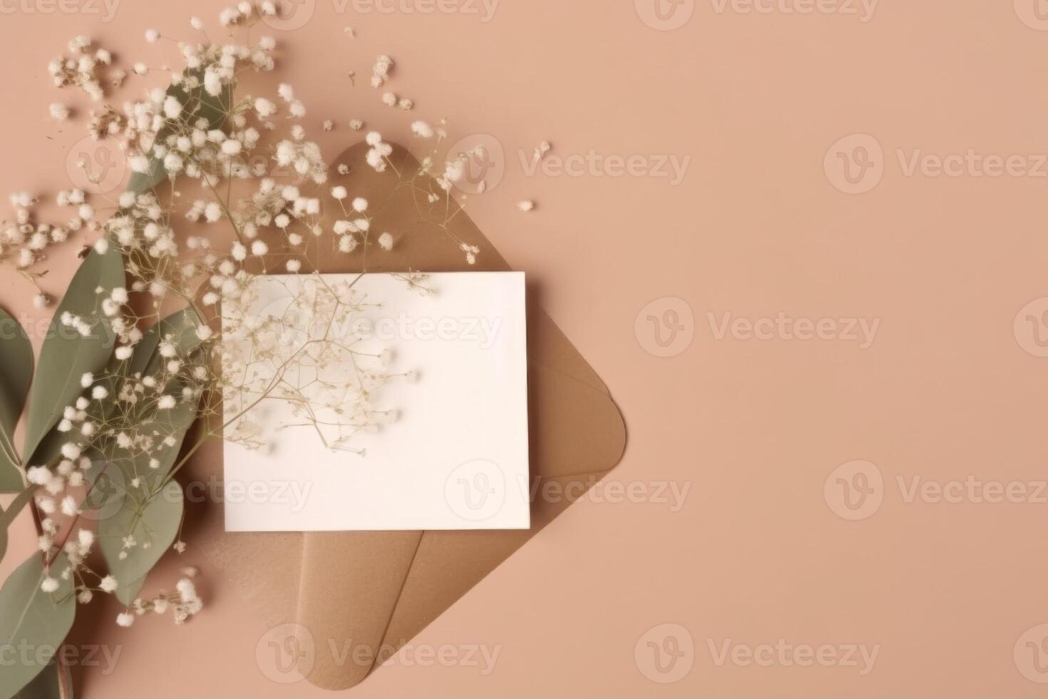 Top View of Luxury Shiny Beige Wedding Card, Box Mockup on Gey Background. Illustration. photo