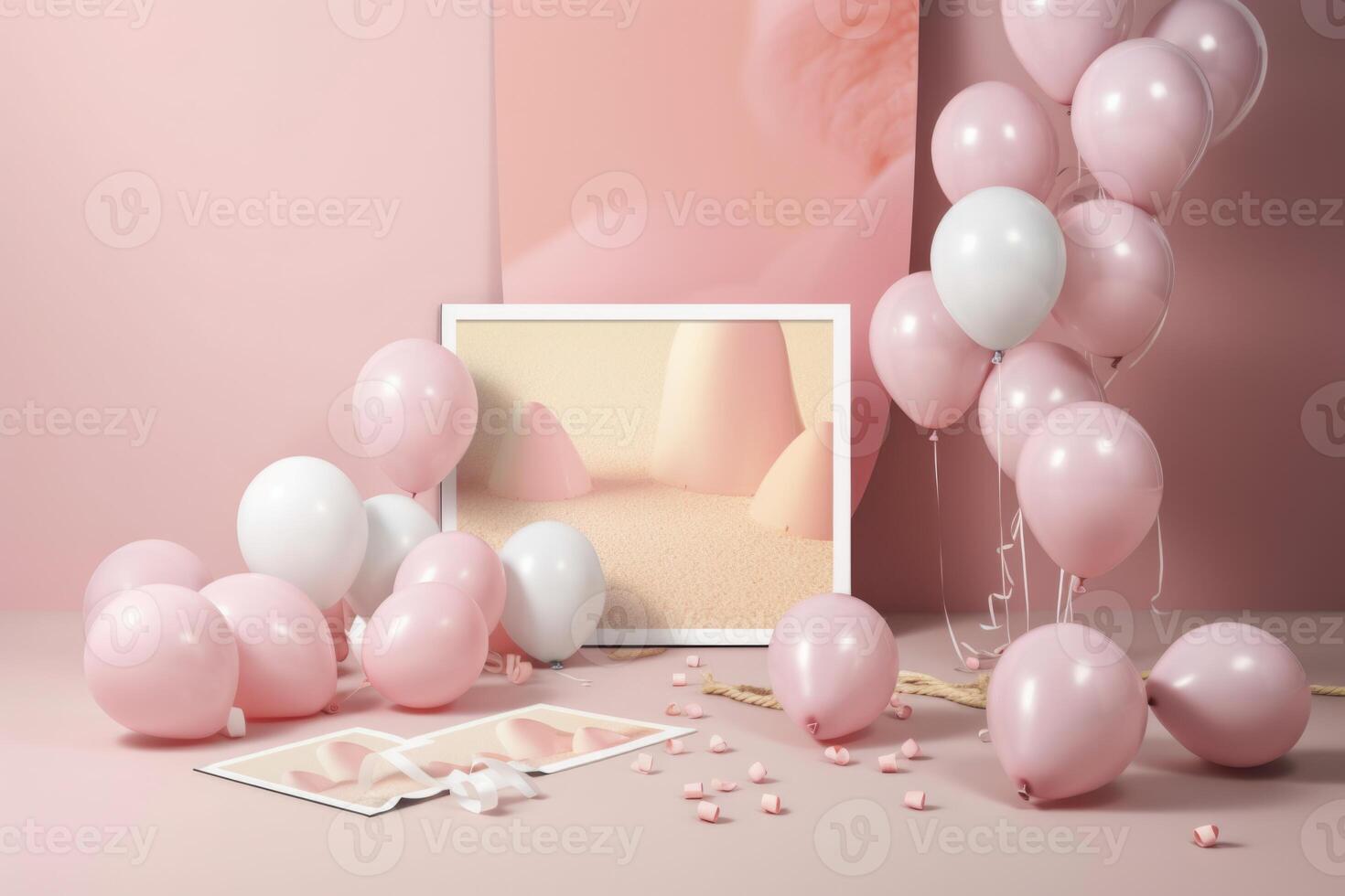 Pastle pink balloons and white paper on background. Empty space for birthday, party, promotion social media banners, posters. 3d render realistic balloons. photo