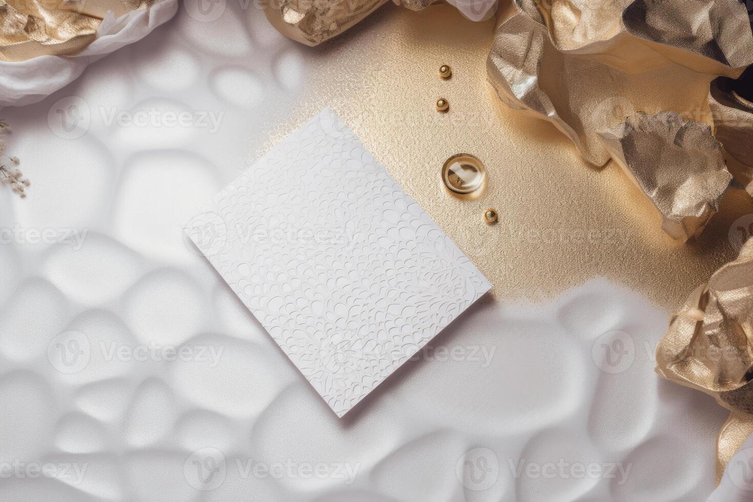 Top View of Luxury Shiny Beige Wedding Card, Box Mockup on Gey Background. Illustration. photo