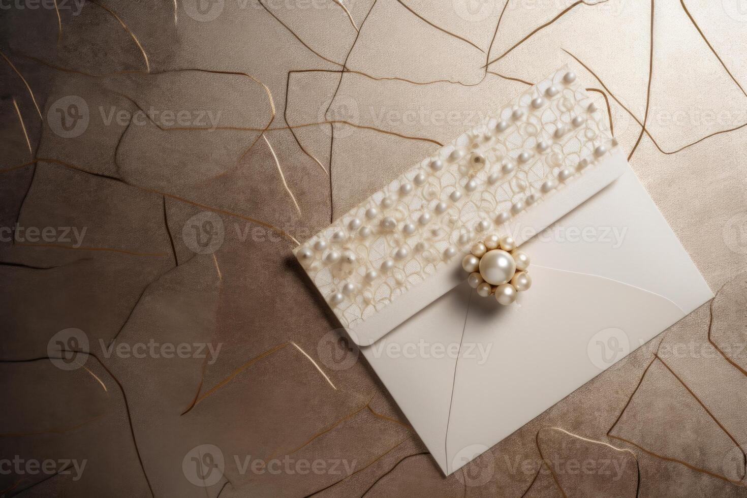 parte superior ver de beige lujo Boda invitación tarjeta en marrón mármol antecedentes. burlarse de arriba modelo para diseño o producto colocación creado utilizando generativo ai. foto