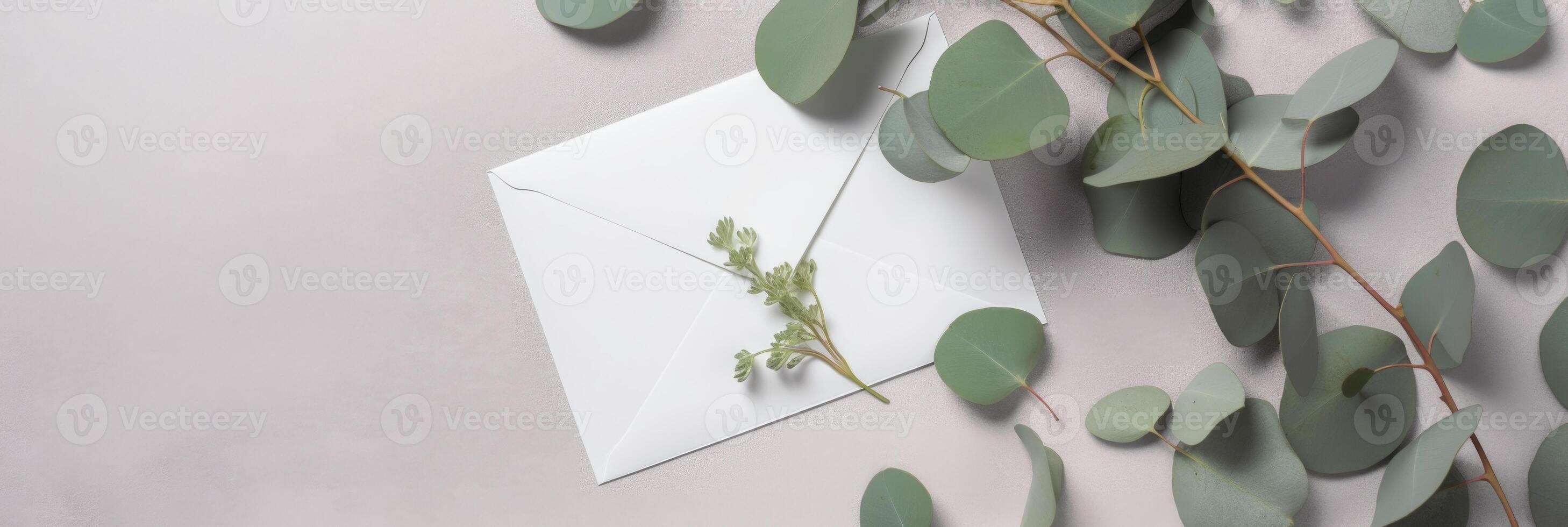 Top View of Blank White Invitation card with Eucalyptus Leaves . Mock up Banner for Design or product placement created using . photo