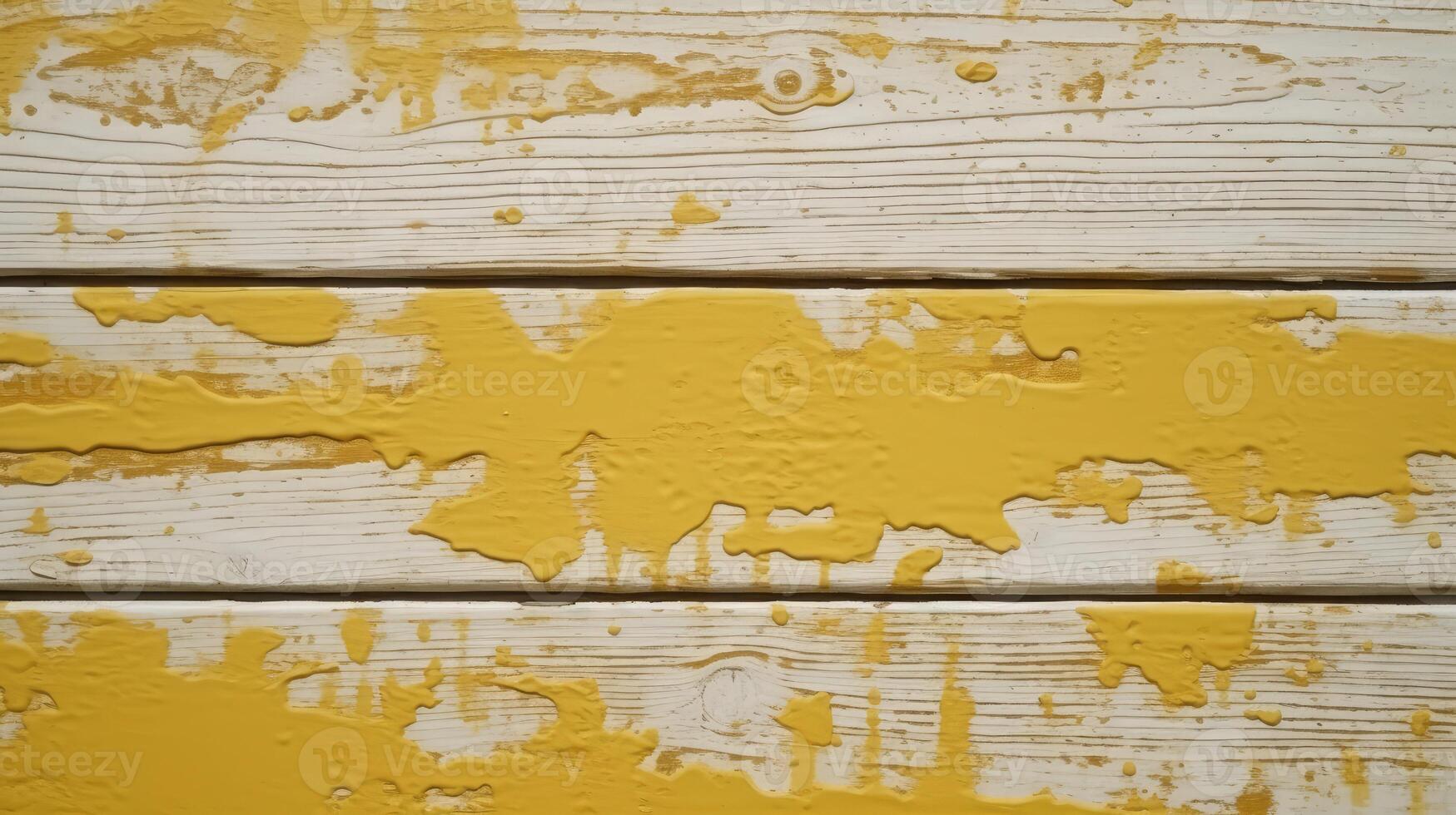 Top View of Yellow Paint Splatter Against White Wood Texture Background, . photo
