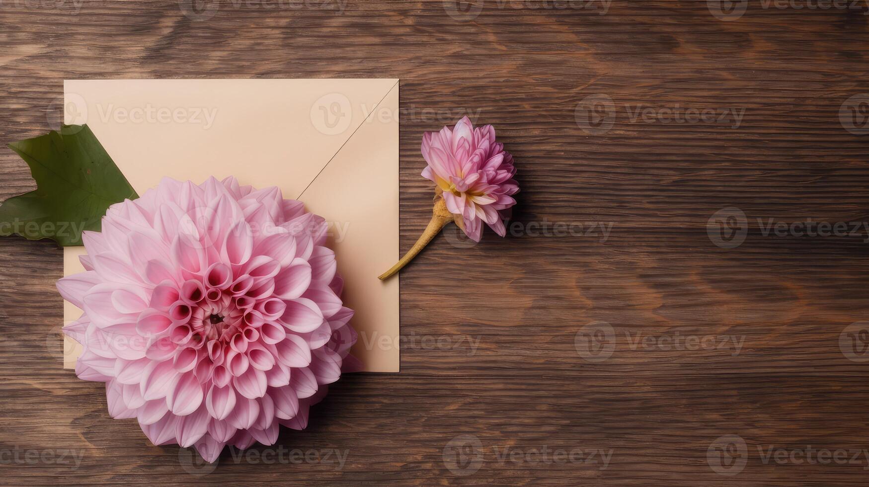 Top View of Square Paper Card with Beautiful Dahlia Flowers Mockup on Wooden Table, . photo