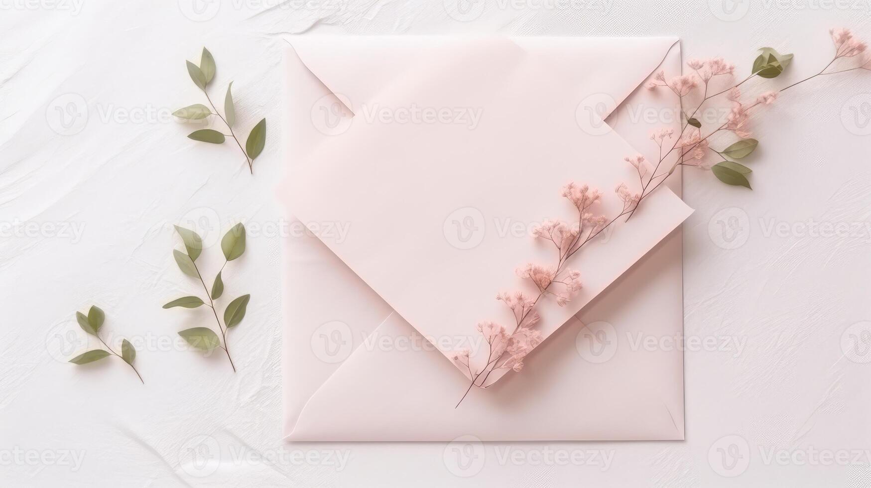 Minimal Soft Pink Color Handmade Paper Envelope with Floral Mockup, . photo