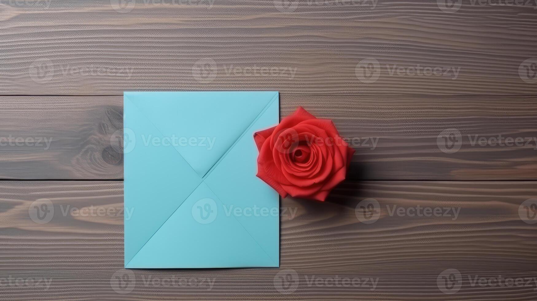 Top View of Pastel Blue Blank Paper Card Mockup with Beautiful Red Rose on Wooden Table, . photo