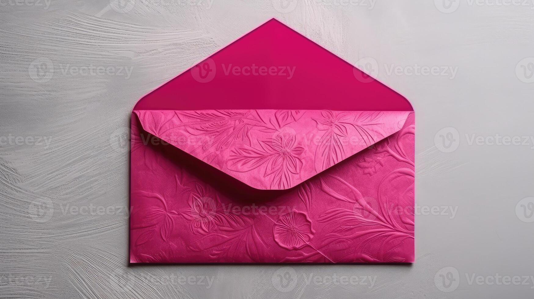 Flat Lay, Dark Pink DIY Floral Embossed Envelope Mockup Isolated. . photo