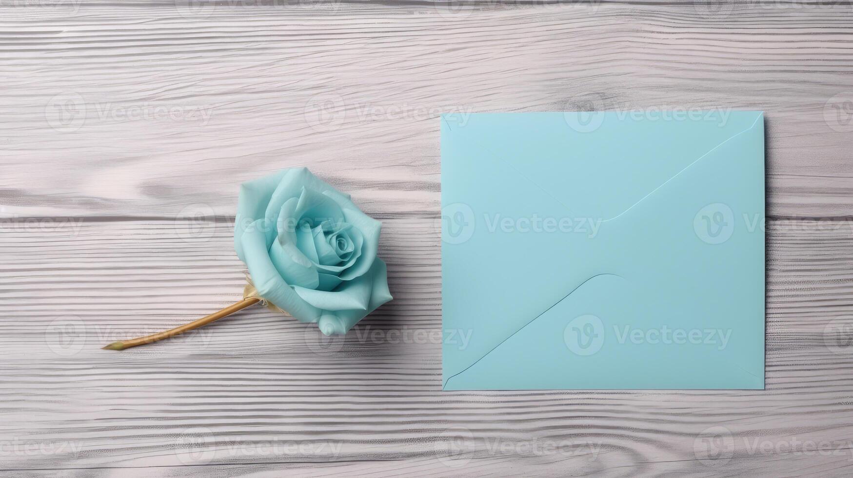 Top View of Pastel Blue Color Blank Paper Card Mockup with Beautiful Rose on Wooden Table, . photo