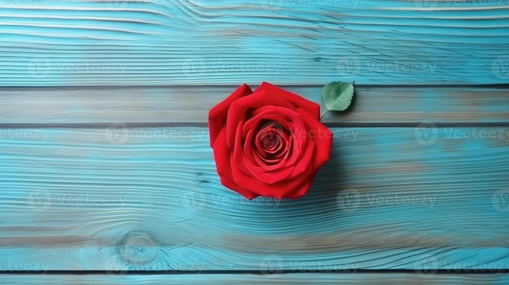 parte superior ver de hermosa rojo Rosa en pastel azul pintado de madera mesa, generativo ai. foto