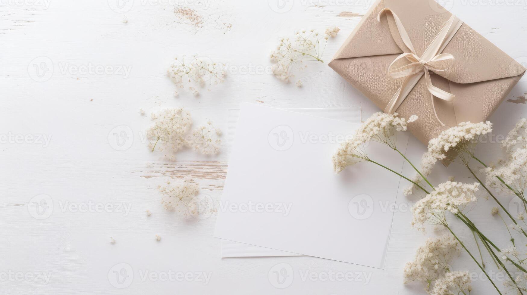 Minimal Wedding Stationery Table Top Mockup Scene, Space for Your Message. Generative AI. photo