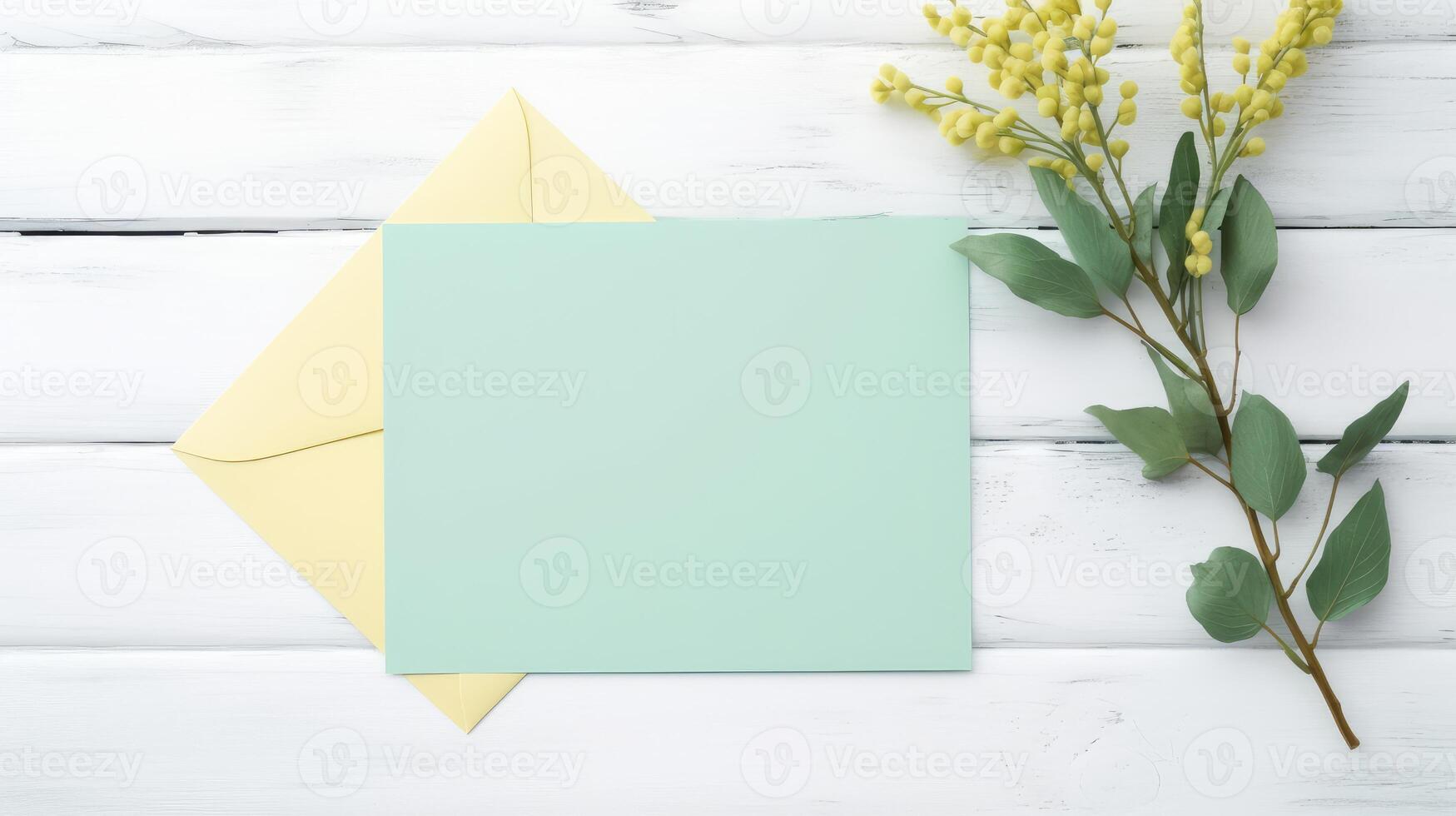 Top View of Blank Invitation Card, Envelope Mockup and Green Berry Branch Decorations on Wooden Table, . photo