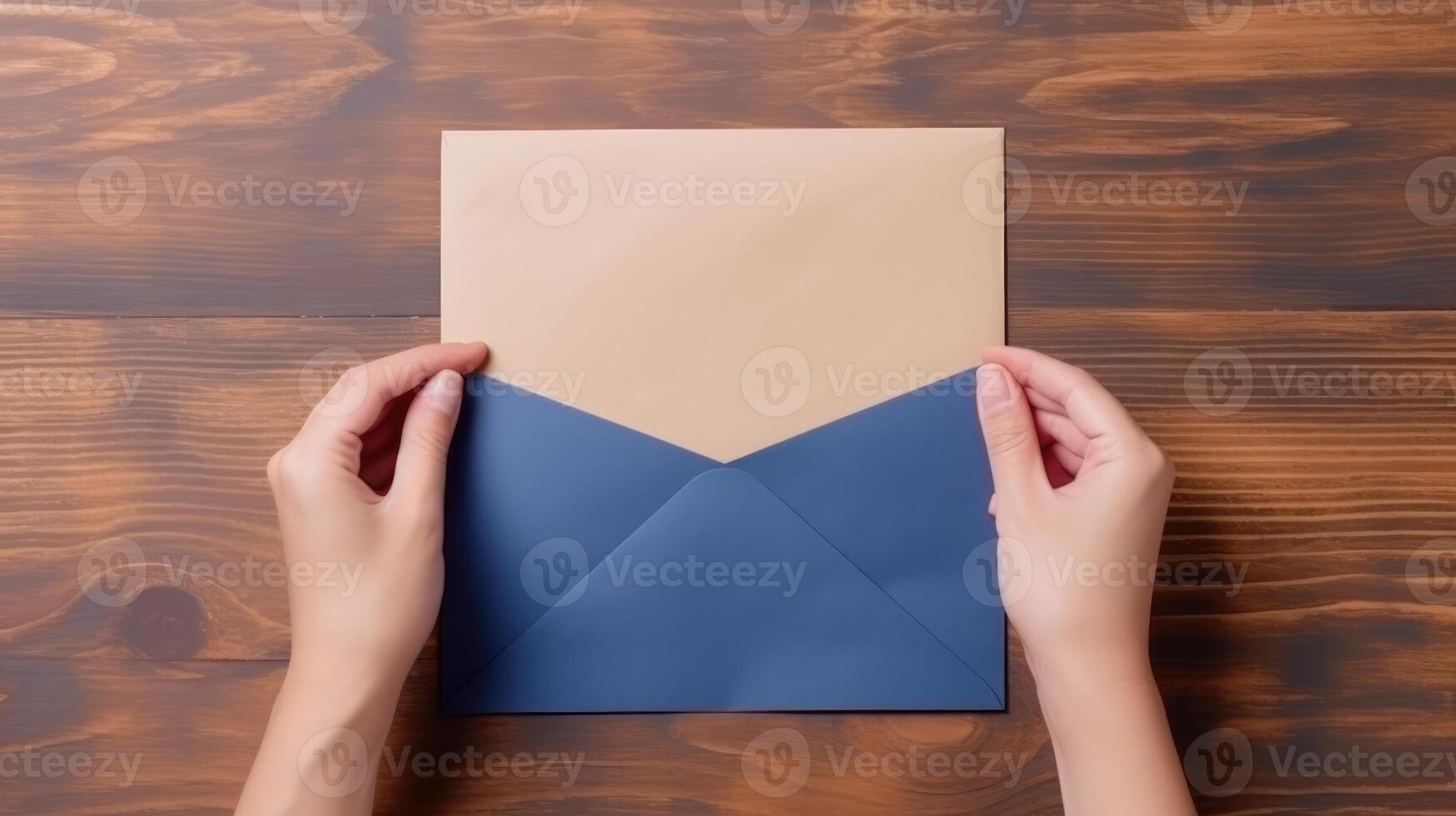 Top VIew Photo of Female Making a Envelope Mockup on Wooden Table, .