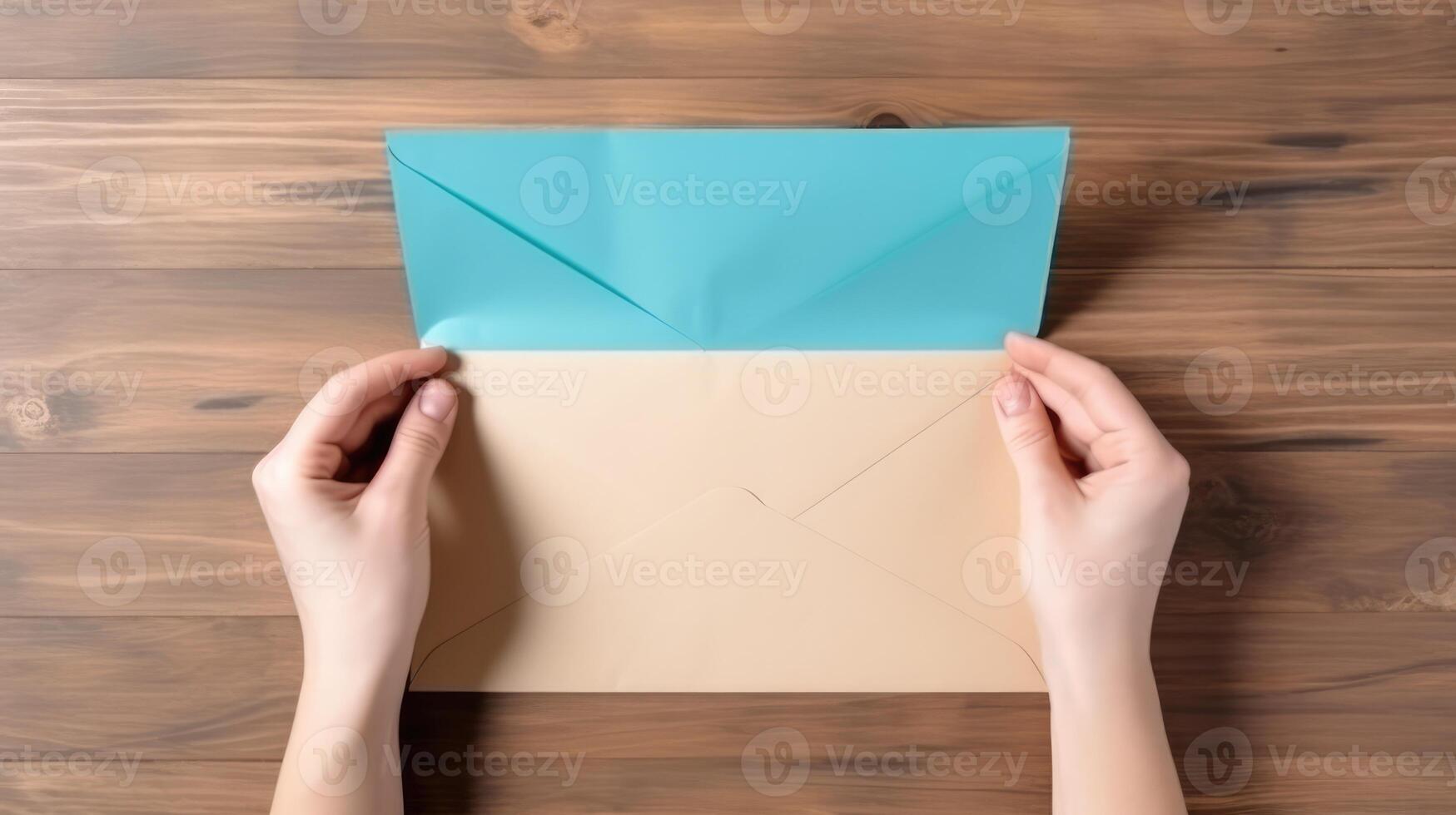 Top VIew Photo of Female Making a Envelope Mockup on Wooden Table, .