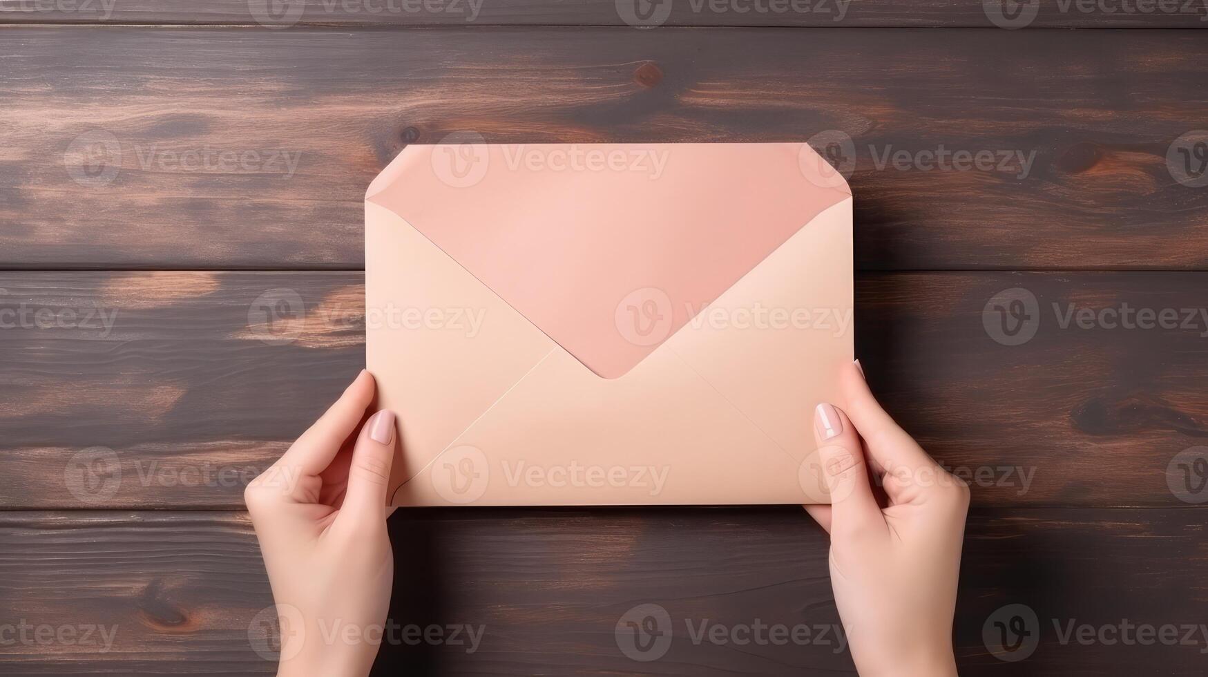 Top VIew Photo of Female Holding a Envelope Mockup on Wooden Table, .