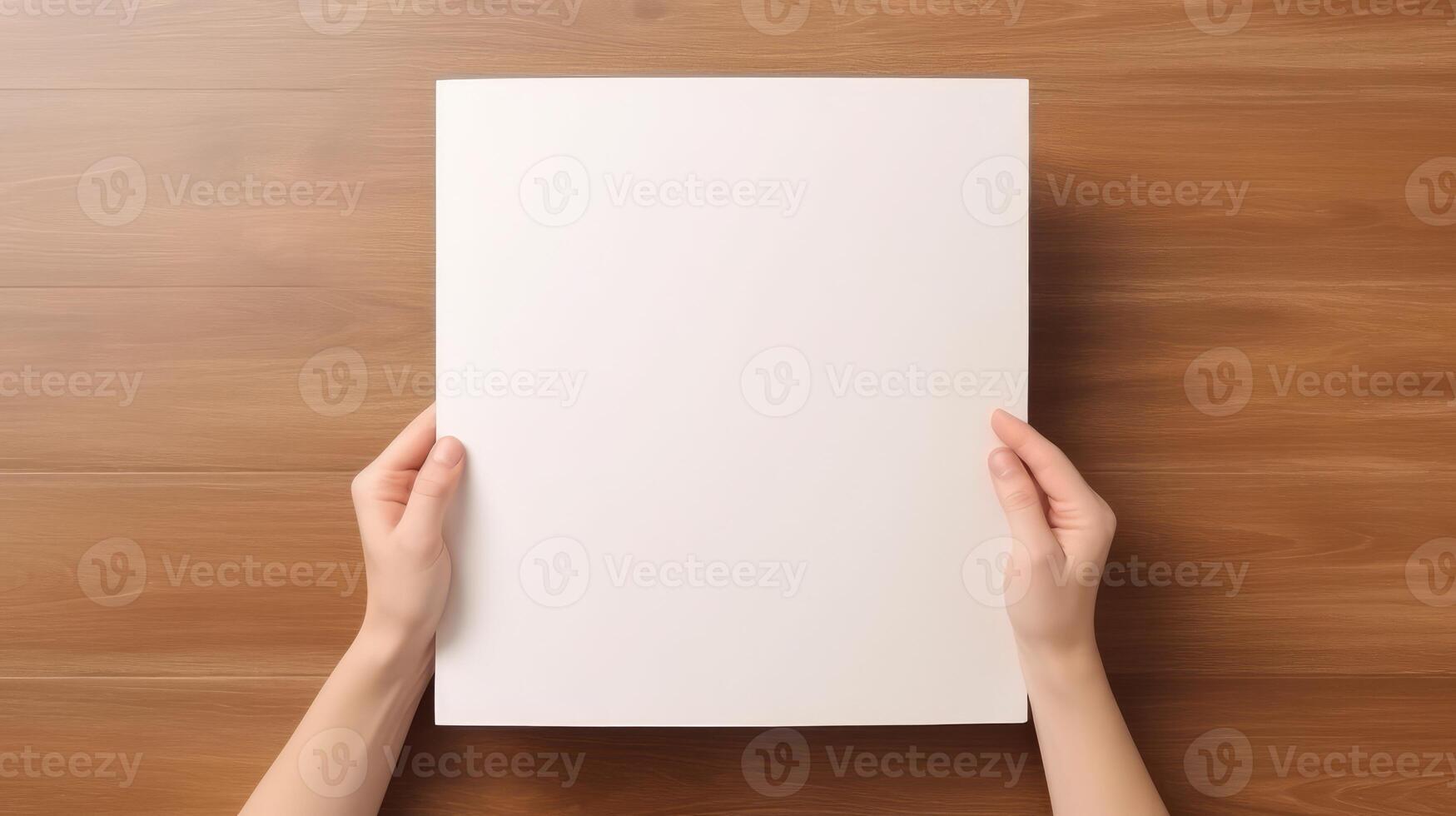 Top View Mockup of Human Hands Holding Blank White Paper, Flat Lay on Wooden Table. Generative AI Technology. photo