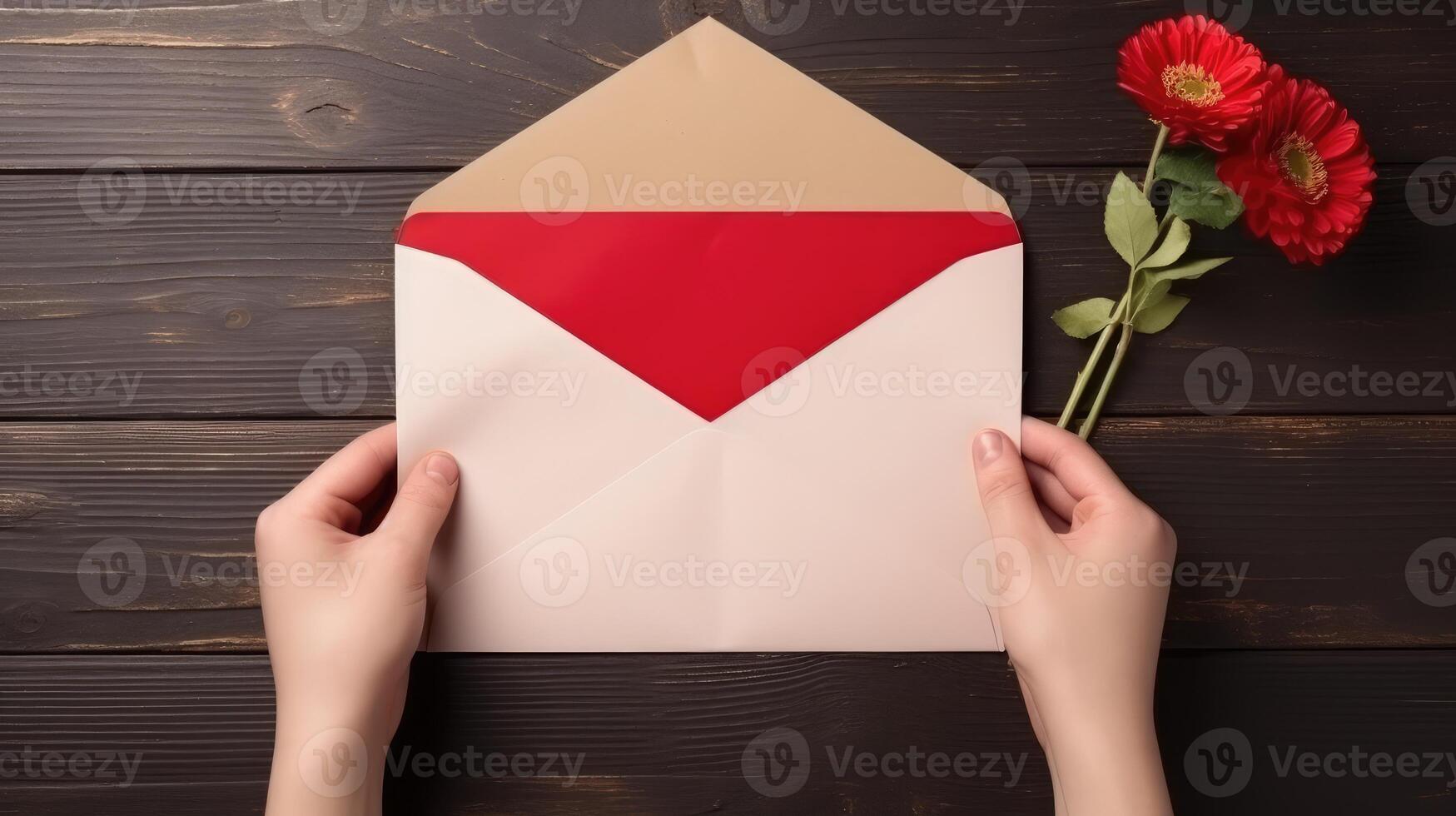 Top VIew Photo of Female Holding a Open Envelope and Red Daisy Flowers on Wooden Table, .