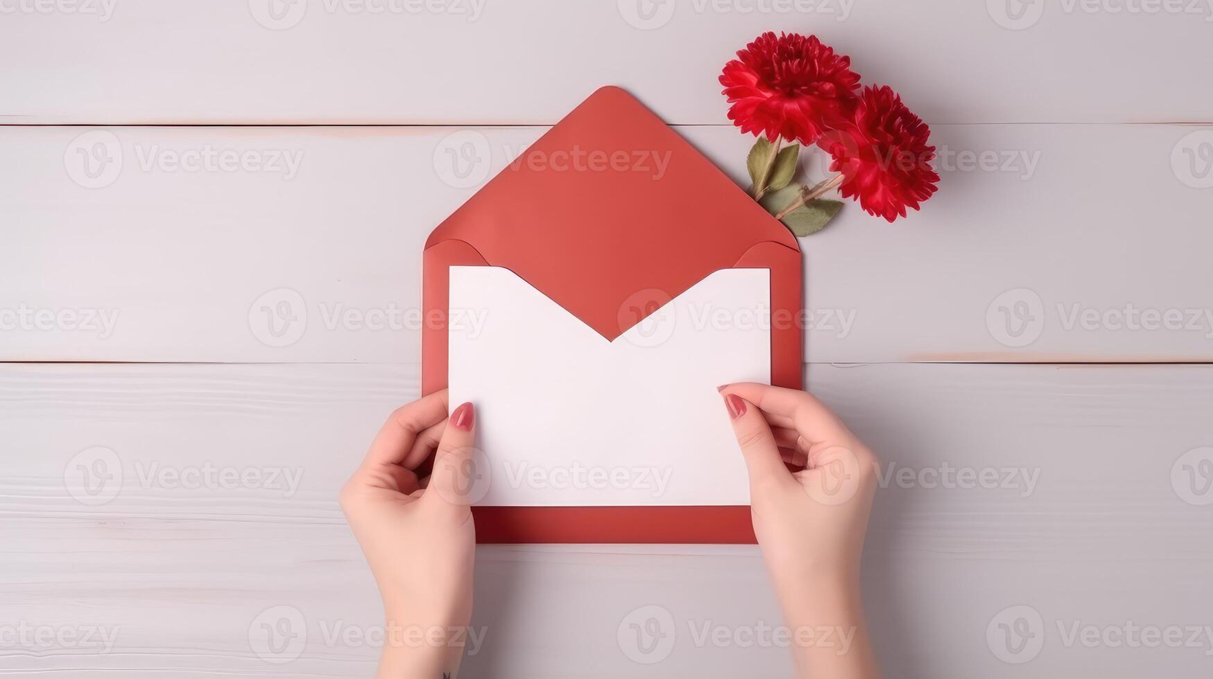 Top VIew Photo of Female Making Envelope and Red Dahlia Flowers Mockup, .