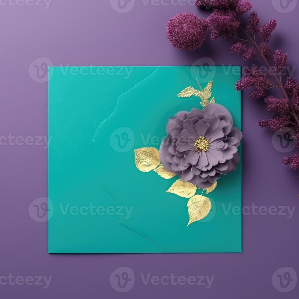 Top View of Invitation Card Flat Lay with Floral Embossing Mockup. . photo