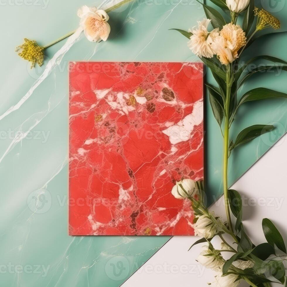 Top View of Blank Red Invitation Card with Wild Flowers on Green Marble Background. Spring or Wedding Concept Design. . photo