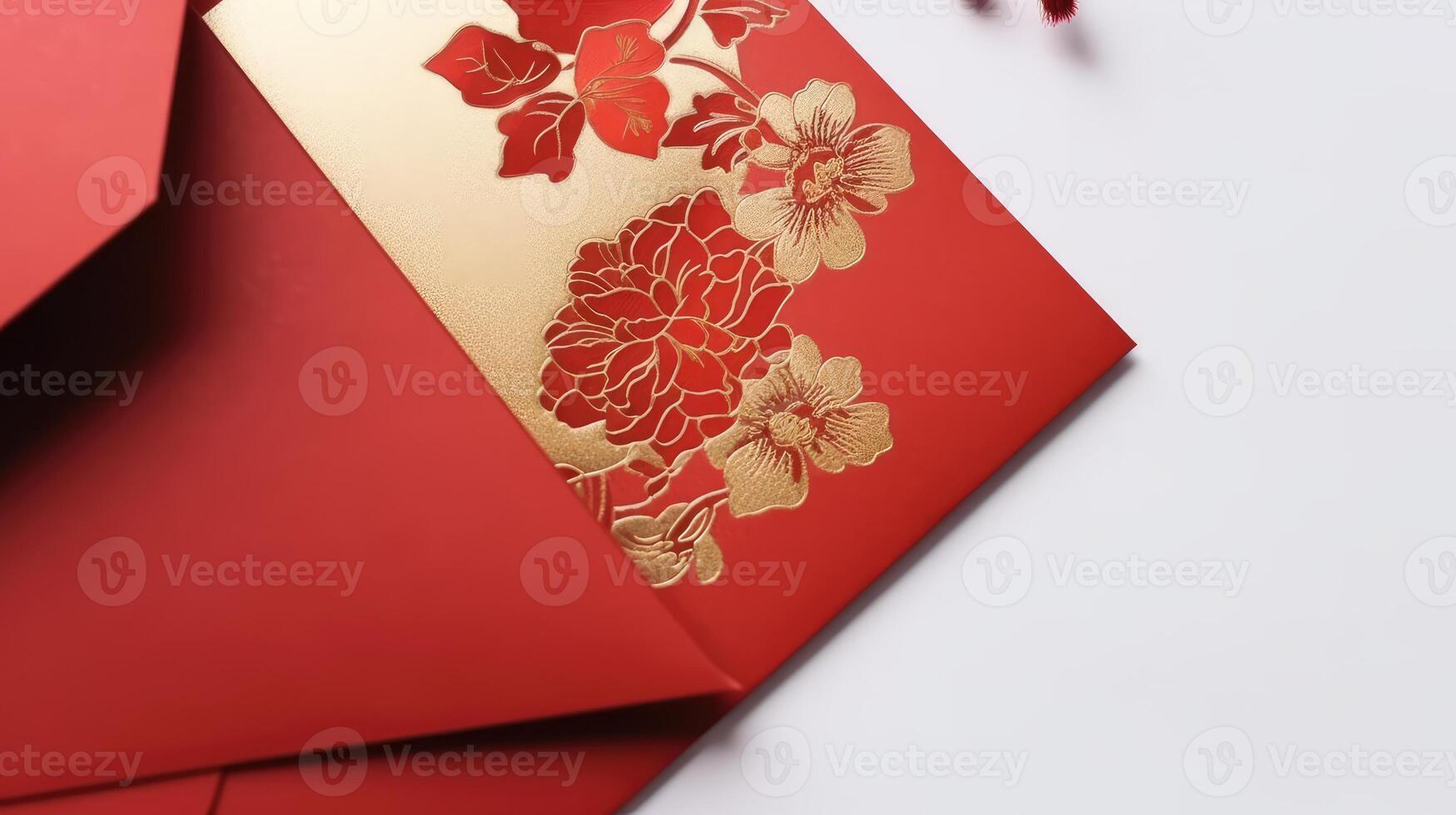 Top View of Flat Lay Luxury Invitation Card In Red And Golden Color for Wedding or Spring Concept. . photo