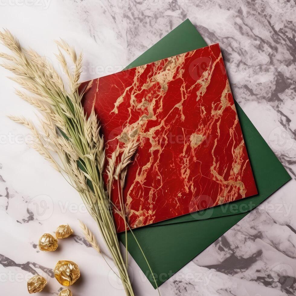 Top View of Blank Red Greeting Card with Rye Stalks on Marble Background. Vintage Delicate Business or Wedding Card Design. . photo