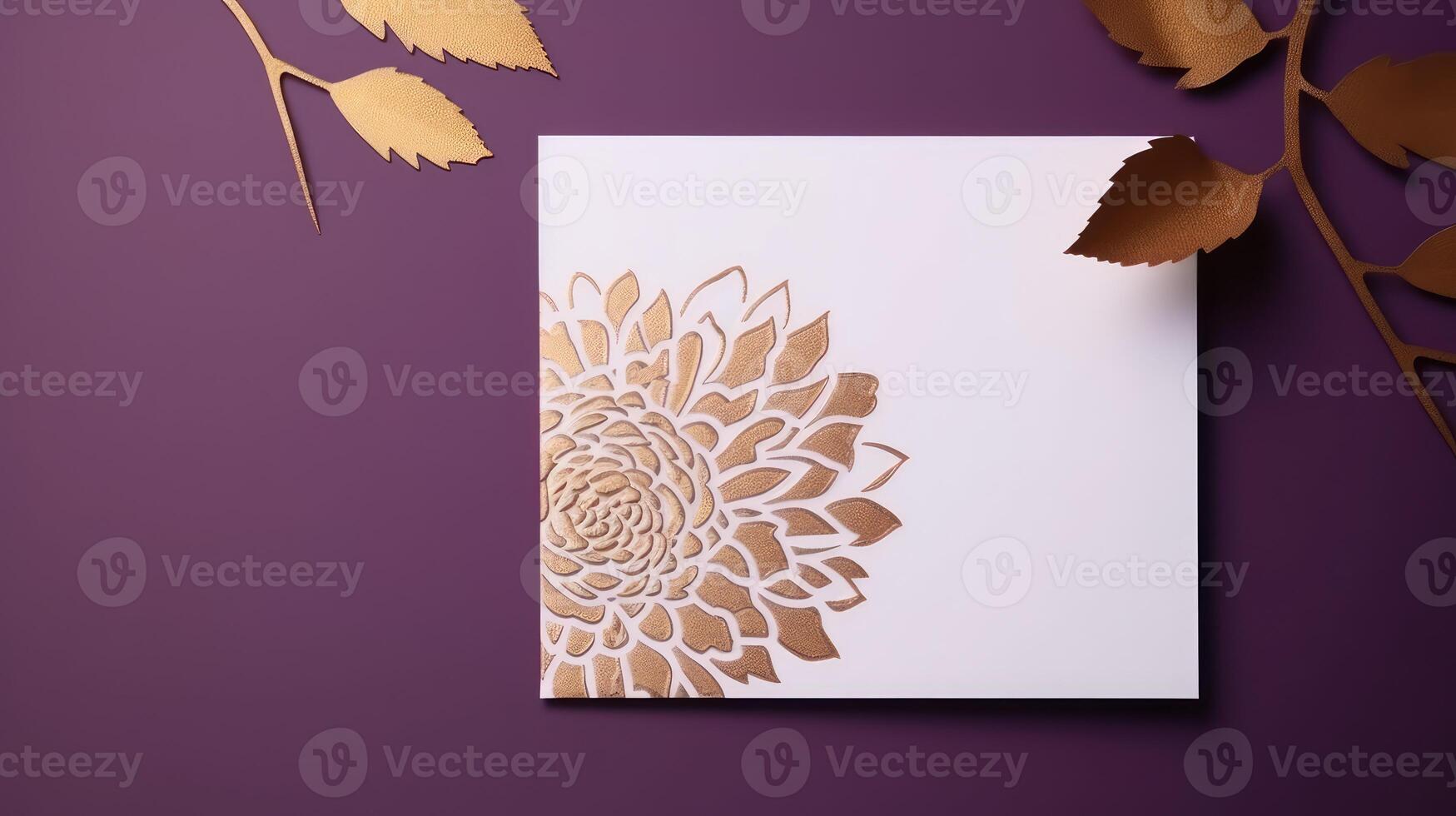 Top View of Golden And White Luxury Card with Leaves on Purple Background for Wedding Concept. . photo