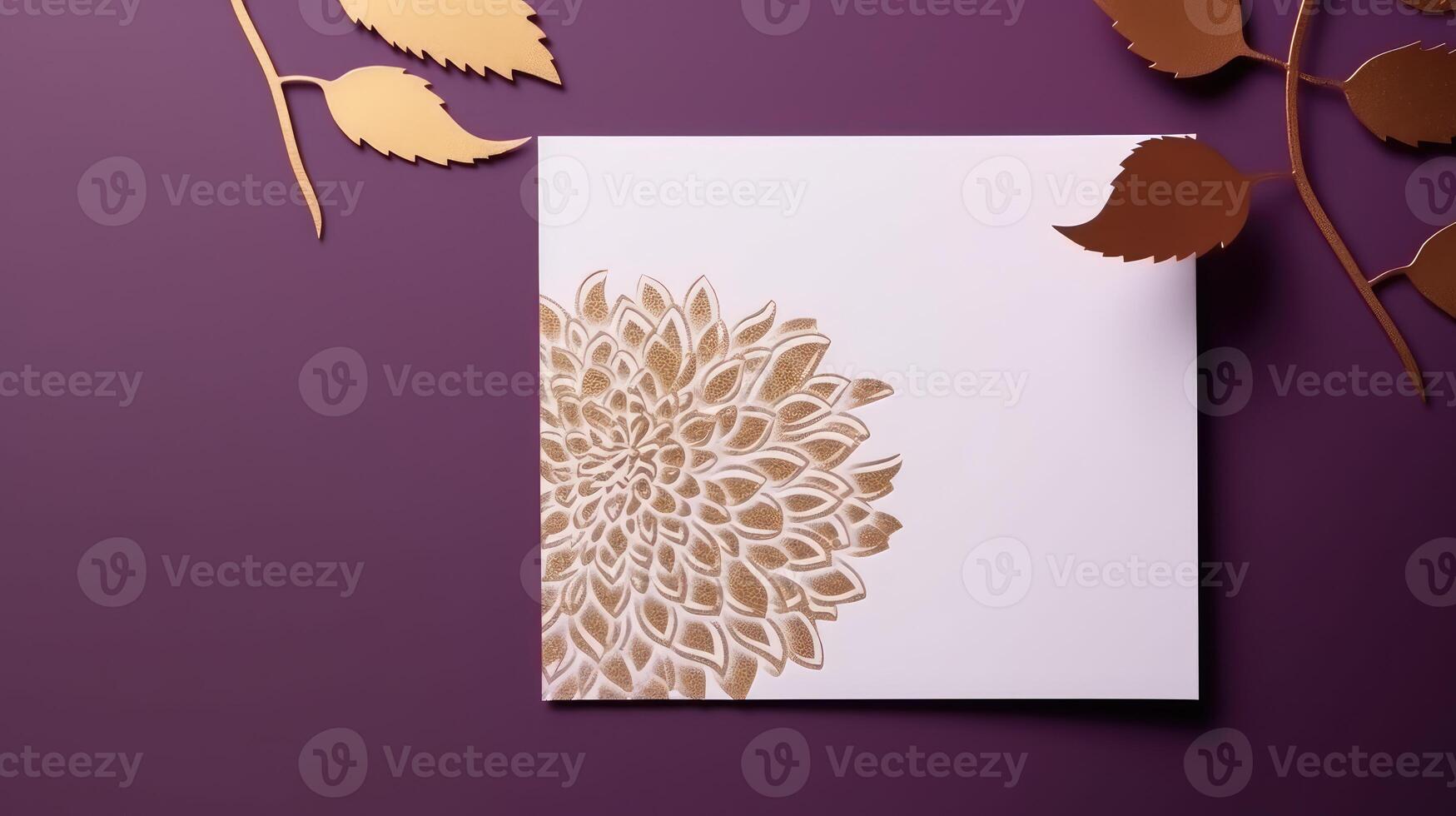 Top View of Golden And White Luxury Card with Leaves on Purple Background for Wedding Concept. . photo