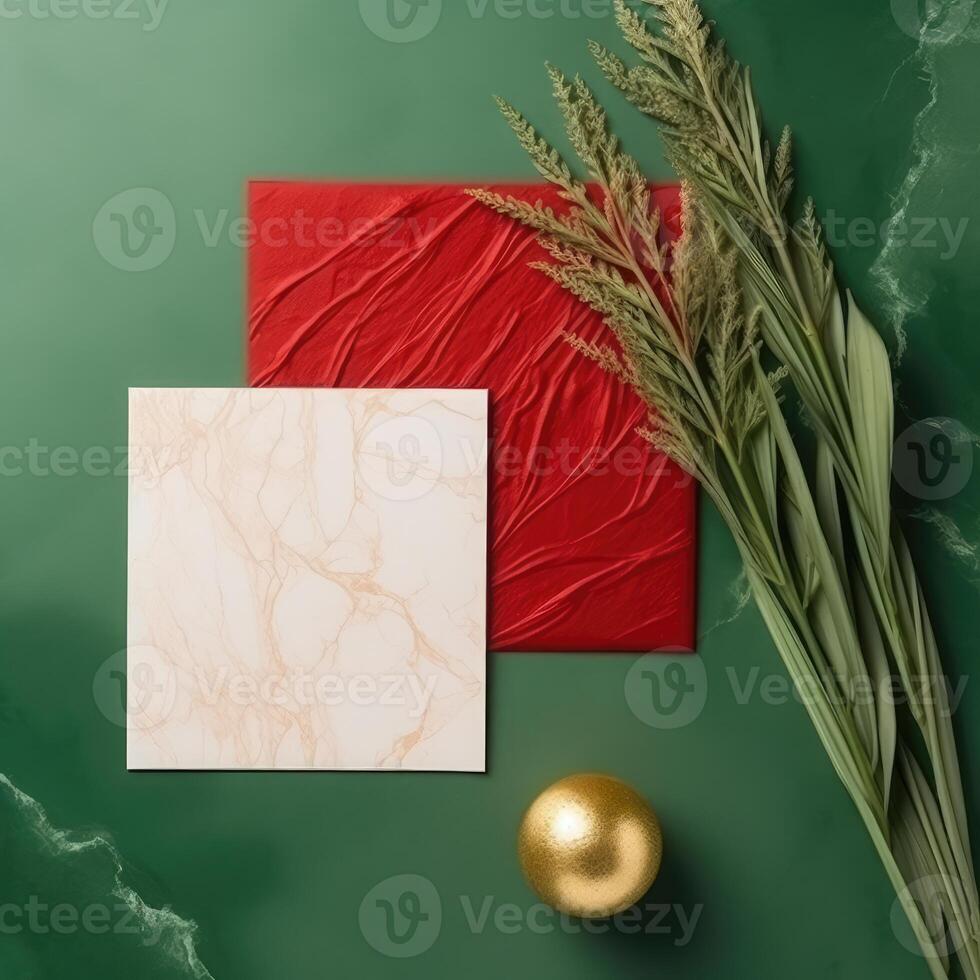 Top View of Empty White And Red Paper with Green Rice Branch, Golden Pearls on Marble Background for Spring or Wedding Card Design. . photo