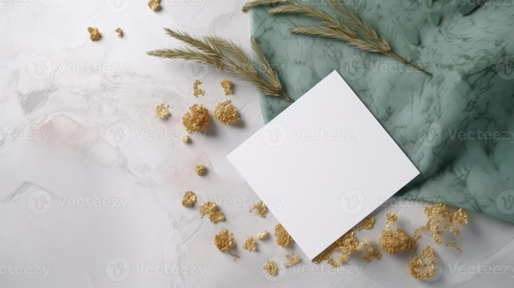 Top View of Empty White Paper with Palm Leaves, Golden Flowers, Green Silk on Marble Background. Spring or Wedding Card Design And Copy Space. . photo