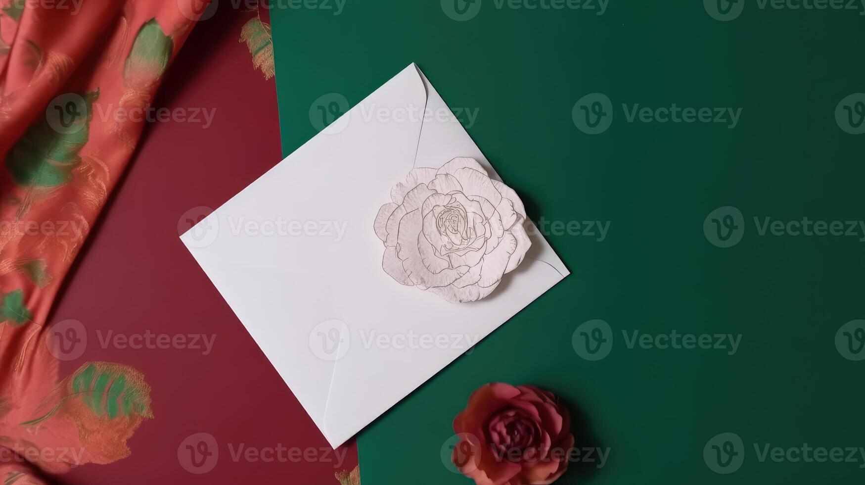 Top View of Flat Lay Invitation Card with Beautiful Rose Flower on Green and Red Silk Background and Copy Space for Wedding or Spring Concept. . photo