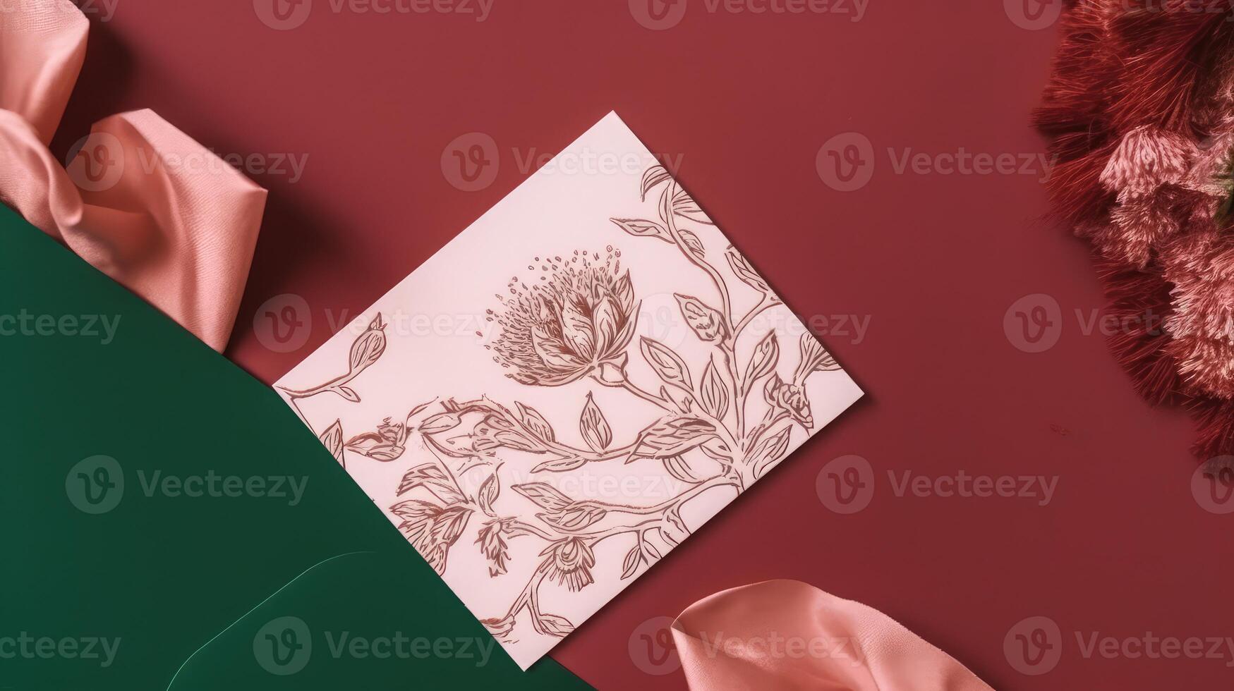 Top View of Blank Beige Luxury Card with Pampas Flowers on Red And Green Silk Background. Spring or Wedding Card, Template Mockup. . photo