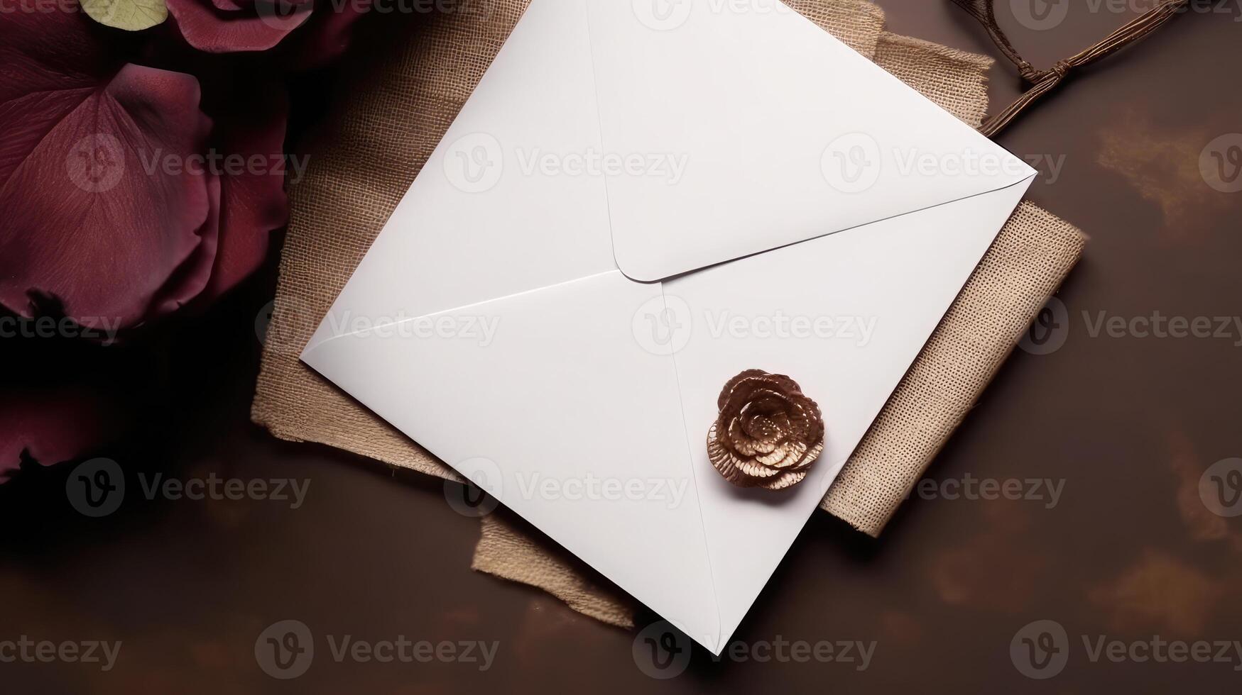 Top View of Blank White Paper with Beautiful Rose Flower, Golden Leaves on Brown Wooden Plank Background for Love or Wedding Card Design. . photo